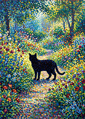 Black Cat in Impressionist Garden