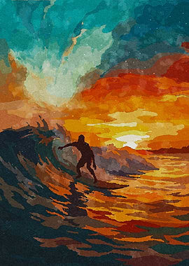 Surfer Riding Wave at Sunset