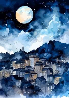 Whimsical Nighttime Village Under Full Moon