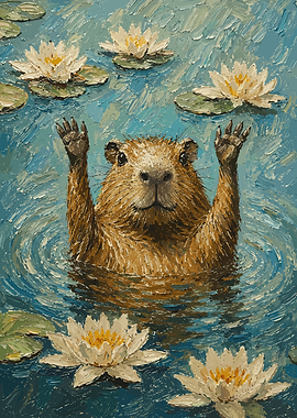 Capybara Waving in Water Lilies