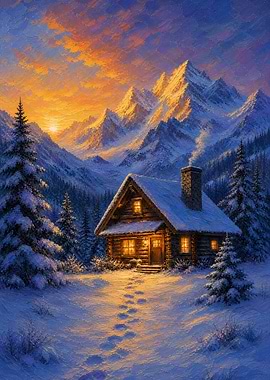 Cozy Winter Cabin at Sunset