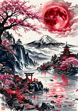 Red Moon Over Japanese Landscape