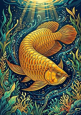 Golden Arowana Fish Underwater Illustration