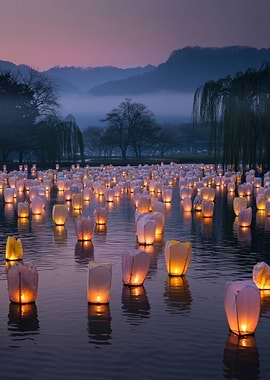 Floating Lanterns at Twilight – Dreamy Lake Fine Art