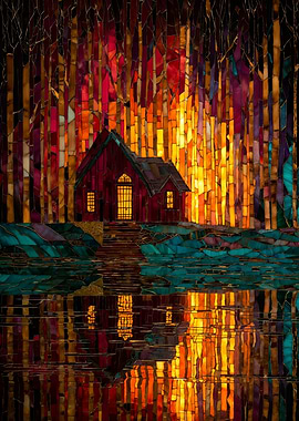 Stained glass cabin in forest lake landscape