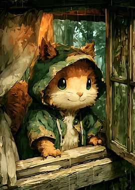 Cute Cat in Raincoat Looking Out