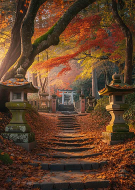 Autumn Shrine Path – Japanese Forest in Golden Fall