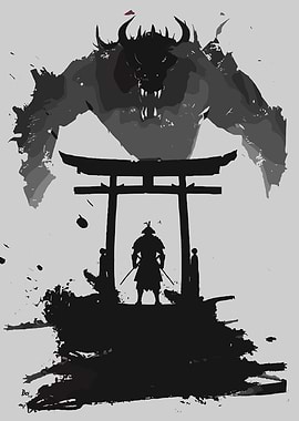 Samurai Facing a Demon Silhouette
