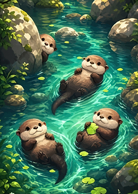 Cute Otters Swimming in Stream