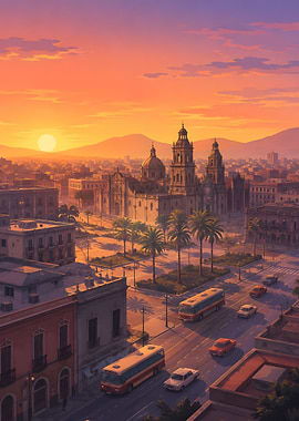 Sunset over a historic Mexican city