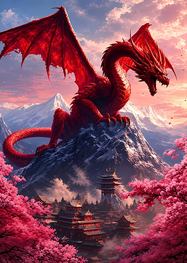 Majestic Red Dragon Over Asian Village