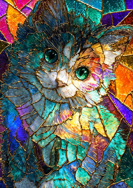 Colorful stained glass kitten face portrait artwork