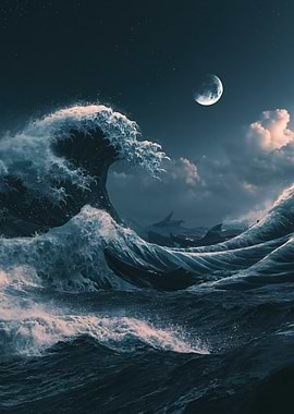 Moonlit Stormy Ocean Waves