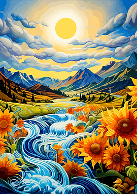 Vibrant Sunflower River Landscape