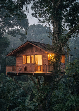 Cozy Wooden Treehouse in Lush Forest