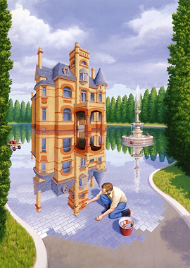 Surreal Painting of Man Building Reflection