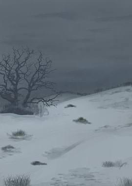 Gloomy Winter Landscape with Bare Tree