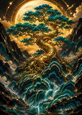 Golden Bonsai Tree Under Full Moon