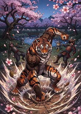Anthropomorphic Tiger Warrior in Cherry Blossom Garden