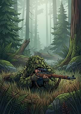 Sniper in Ghillie Suit Forest Camouflage