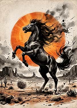 Rearing Black Stallion in Desert