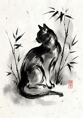 Sumi-e Style Black Cat and Bamboo
