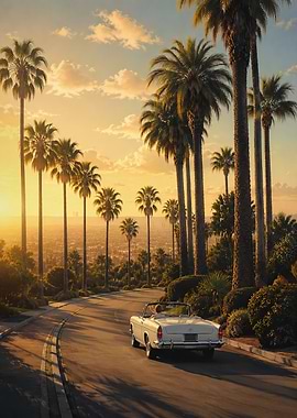 Classic Convertible Driving Through Palm Trees
