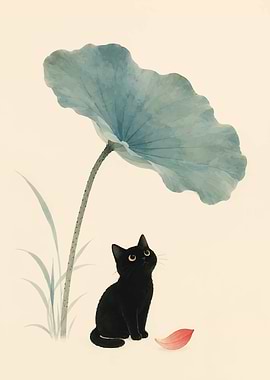 Black Cat Under Lotus Leaf