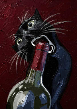 Black Cat Opening Wine Bottle Painting