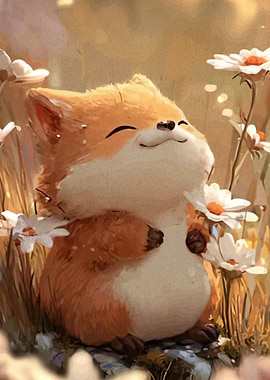Cute Smiling Fox in Daisies