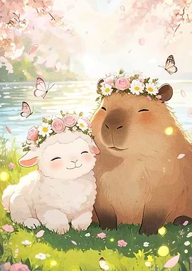 Cute Capybara and Lamb Friends