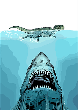 Dinosaur Swimming Above Giant Shark