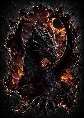 Black Dragon Emerging from Stone Wall