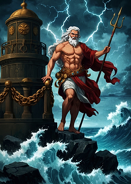 Poseidon Standing by a Lighthouse