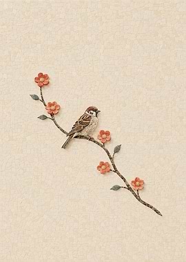 Sparrow Perched on Flowering Branch