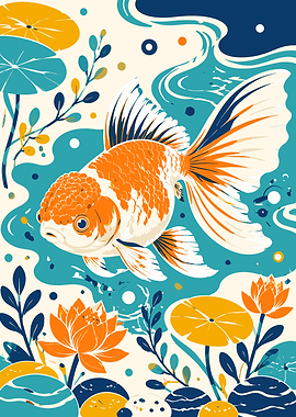 Stylized Goldfish in Pond Illustration