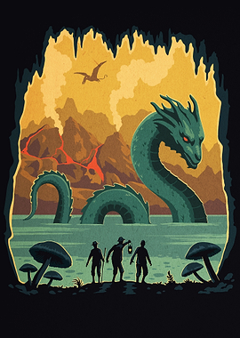 Explorers Encountering a Prehistoric Sea Serpent