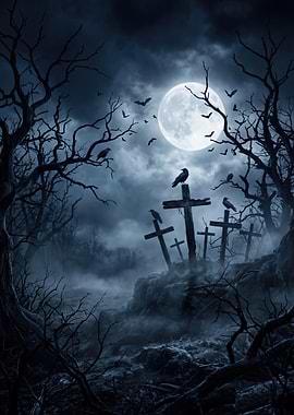 Eerie Graveyard Under Full Moon