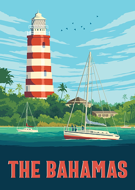 Vintage Bahamas Lighthouse Travel Poster