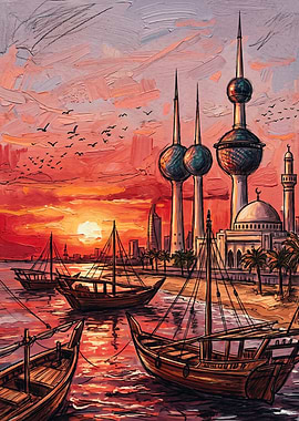 Kuwait Towers Sunset Oil Painting