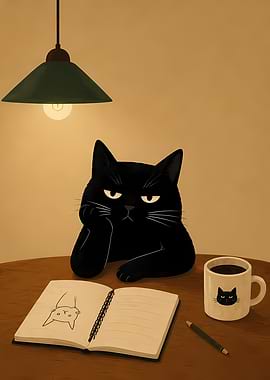 Bored Black Cat Sketching at Desk