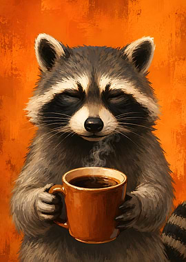 Cozy Raccoon Enjoying Hot Coffee