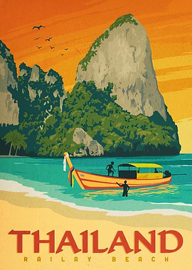 Vintage Thailand Railay Beach Travel Poster