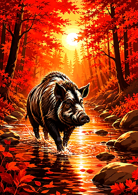 Wild Boar in Autumn Forest Stream