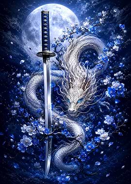 White Dragon and Katana Under Moon