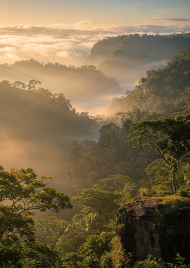 Misty Tropical Rainforest at Sunrise