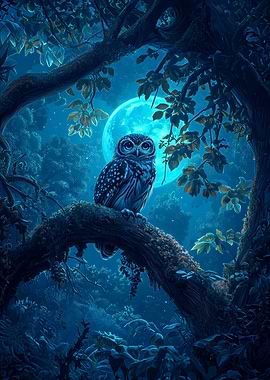 Mystic Owl Beneath the Glowing Blue Moon