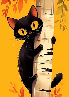 Cute Black Cat Climbing Tree