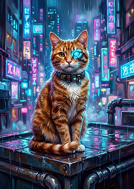 Cyberpunk Ginger Cat in Neon City