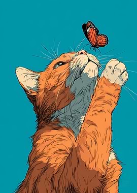 Ginger Cat Reaching for a Butterfly